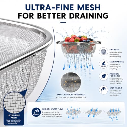 Image of KRESHU Strainer Stainless Steel | Premium Micro-Perforated Colander Stainless Steel with Extendable Handles, Rust-Resistant Fast Draining Basket for Pasta, Rice, Vegetables, Fruits & Washing Produce