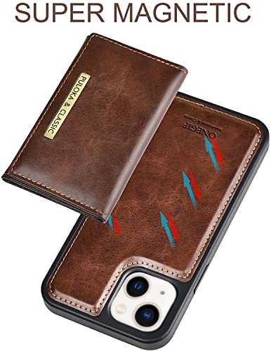Image of PULOKA Wallet Back Case - Compatible with iPhone 13 - Vegan Leather Phone Cover - Detachable Card Holder Case with Kickstand - Shockproof, Anti Scratch & Raised Edges for Protection - Brown