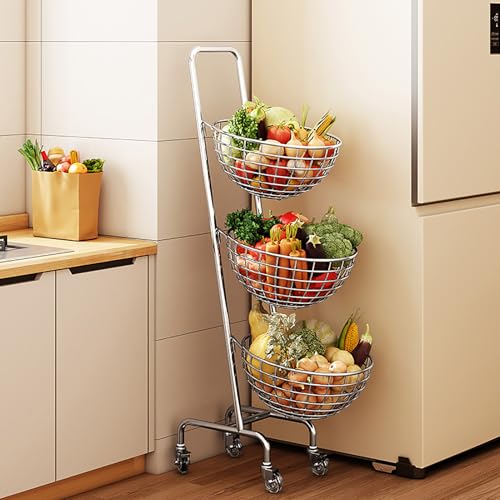 Cesta de Frutas de 3 Niveles para Cocina, Expositor de Suelo de Metal Carrito Móvil, Soporte de Almacenamiento, Cesta Organizadora para Despensa de Frutas Aperitivos