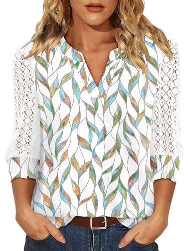 KISSMODA Trendy Sheer 3/4 Sleeve Blouse Leaf Print V Neck