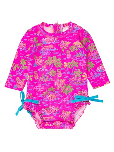 Image of RuffleButts Baby Girls UPF 50+ Sun Protection Floral Printed Long Sleeve One Piece Rash Guard Swimsuit with Zipper