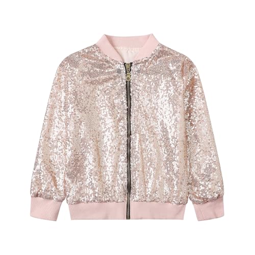 Cromoncent Girl's Sequin Baseball Jacket Casual Long Sleeve Front Zip Bomber Jackets, 2-8 Years