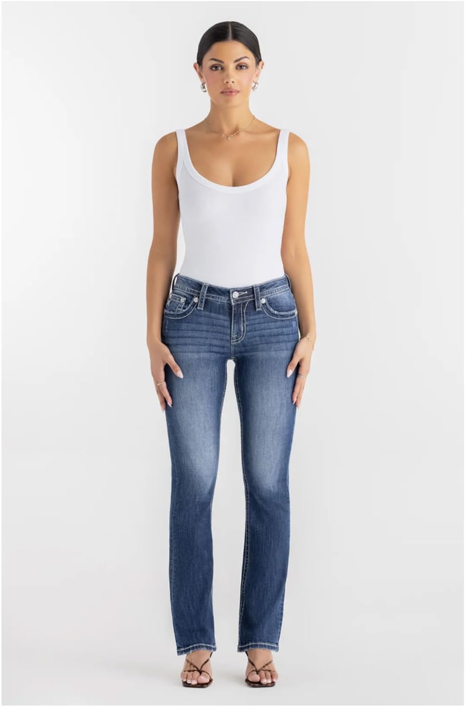 Miss Me Women's Criss Cross Paisley Faux Flap Pocket Mid-Rise Bootcut Jeans