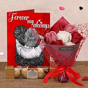 TIED RIBBONS Valentine Gifts for Love Couple Girlfriend Wife Boyfriend Husband Girls Boys Friend - Romantic Gift Combo (Bouquet of Scented Rose Flowers, Chocolate Box 4 pcs, Greeting Card)