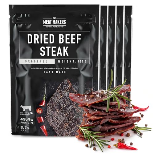 The Meat Makers Peppered Dried Beef Jerky Steak (500g) - Bistec de cecina de vaca seca, Cecina de Vaca, Carne Seca, Snack de Carne, Alto en Proteínas, Bajo en Calorías. Carne seca para personas.