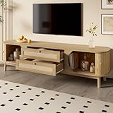 VIVCA Armario para TV – Armario para TV de mezcla de madera natural con puertas y cajones. Soporte para TV con lados de ratán. Solución de almacenamiento, estilo campestre natural