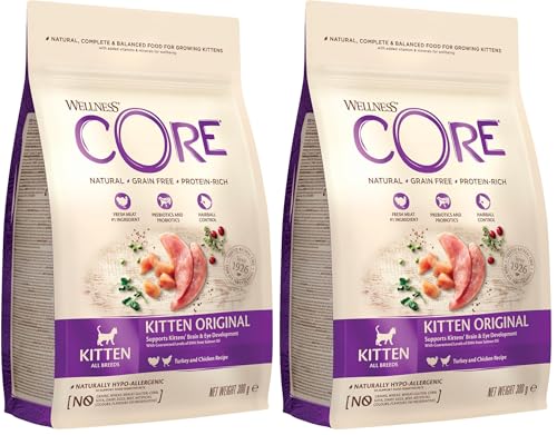Wellness CORE Kitten Original, 300g, Turkey & Chicken, Kitten Dry Food, All-Natural, Grain-Free, High Meat Content, Protein-Rich, Supports Brain & Eye Development (Pack of 2)