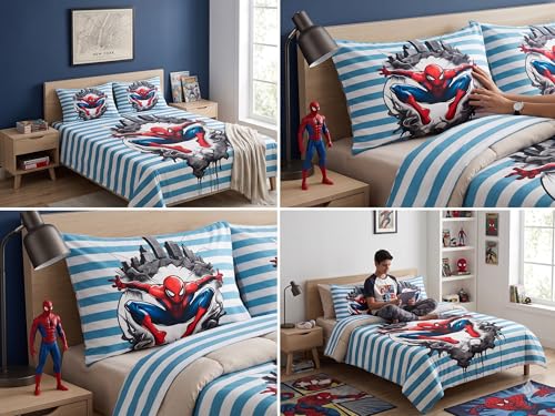 Image of Spider Man 7D Printed Bedsheet for Double Bed | Glace Cotton 7D Digital Print | 90x100 Inch (228x254 cm) | 1 Bedsheet + 2 Pillow Covers | Soft, Breathable & Vibrant Colour Bedding Set
