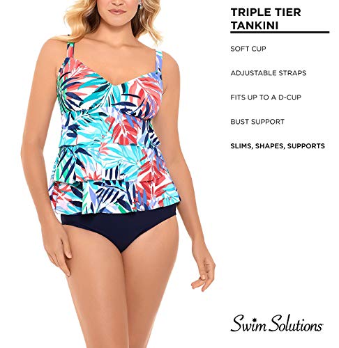 Swim Solutions Top tanquíni feminino estampado em camadas Palm Springs, Azul multi, 16