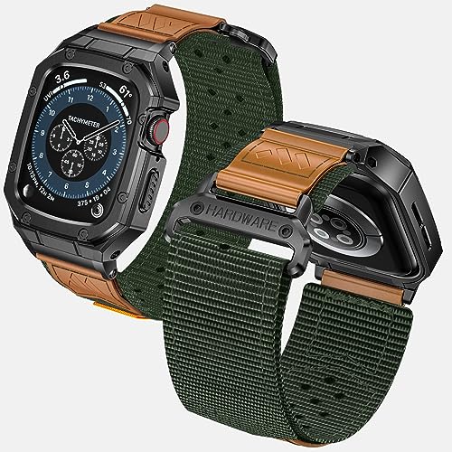 Image of BAITEYOU Band with Case Compatible with Apple Watch Band Series 6 5 4 SE 3 2 1 44mm 42mm, Nylon Strap with Stainless Steel Metal Rugged Case Cover for iwatch Bands for Men
