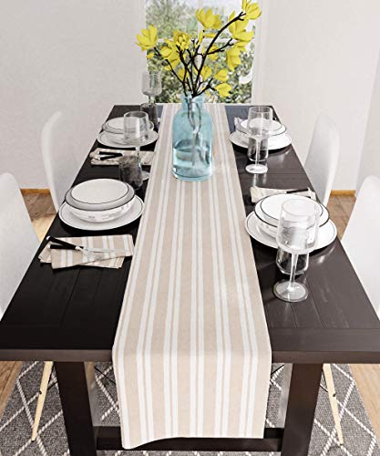 Encasa Homes Table Runner For 8 Seater Dining - Large 13 X 104 Inch With Table Napkins Set Of 12 (17 X 17 Inch) 100% Cotton Decorative Homespun Plaid Cloth For Party, Restaurant- Franca Beige Stripes #TOP2