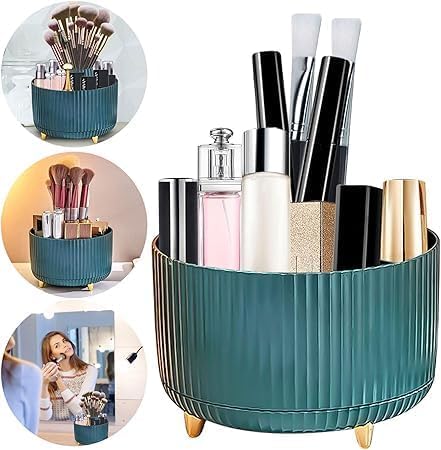 Image of JIALTO 360 Rotating Green Makeup Brush Holder - Cosmetic Organizer for Bathroom or Vanity - Holds Brushes, Skincare, Nail Polish, Art Supplies, and Daily Essentials