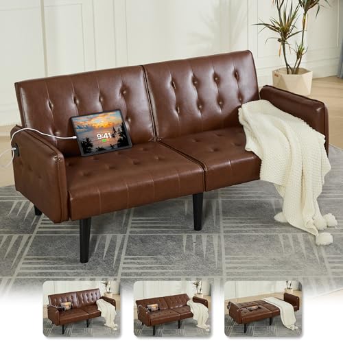 Image of TYBOATLE 65 inch Convertible Futon Sofa Bed w / 2 USB,Tufted Small Adjustable Folding Couch Loveseat, Modern Mid Century Faux Leather Sleeper Sofa for Living Room, Bedroom,Office, Brown