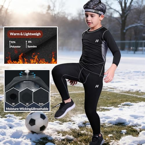 Thermal Underwear for Kids,Boys Fleece Lined Base Layer Long Johns Thermals Top and Bottom Set for Winter Skiing, Black, S - Image 3
