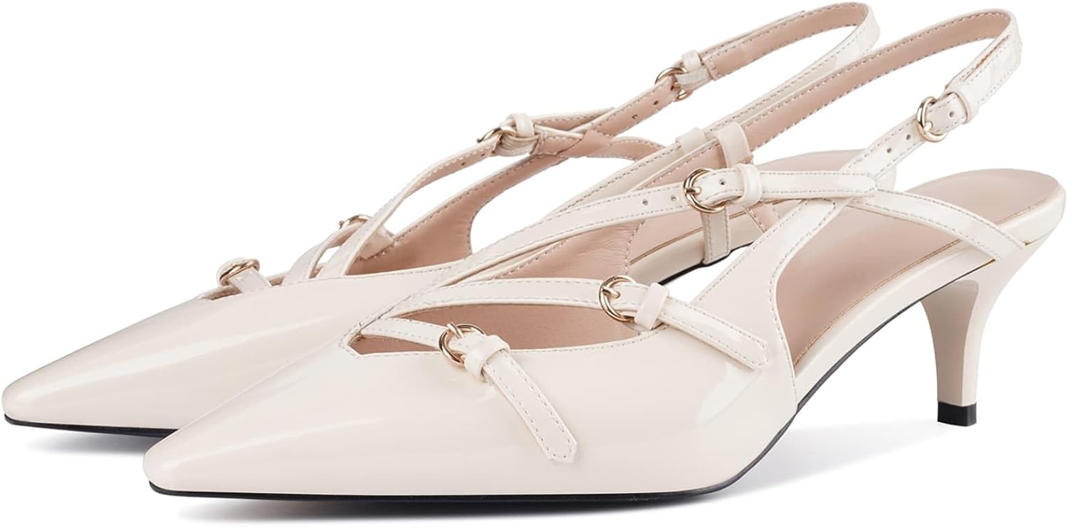 CORNMOOD Slingback Kitten Heels for Women Pointed Toe Stiletto Low Heels with Buckle Strap Heeled Pumps Sandals