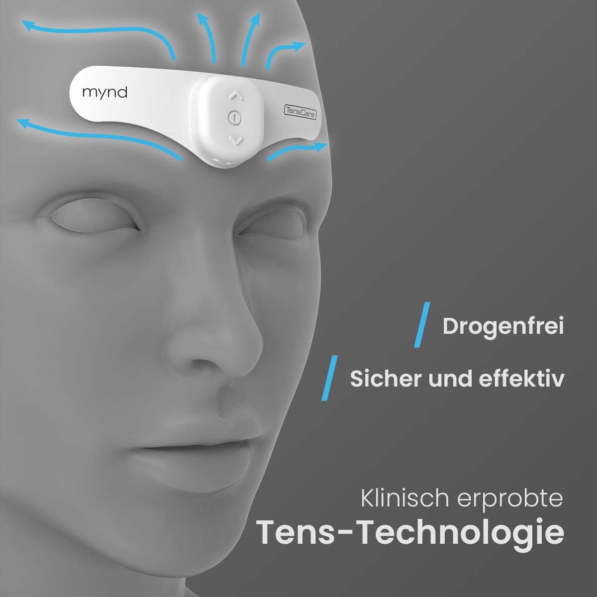 TensCare Mynd TENS-Gerät bei Migräne und Kopfschmerzen | Tragbares TENS-Gerät mit Programmen zur Behandlung und Vorbeugung von Migräne.