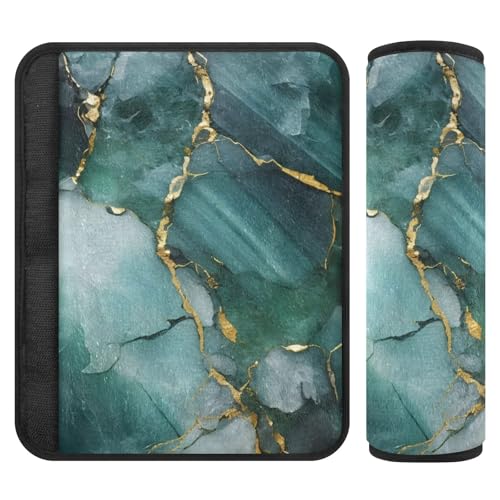 Paquete de 2 almohadillas de asiento de coche de lujo de mármol verde dorado para correas, más comodidad de conducción, accesorio de coche para sedán, bolsa de sedán, 10 x 7.7 pulgadas, protector para