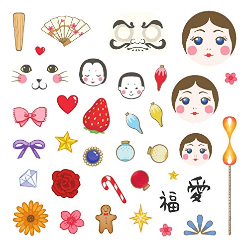 Sheet of various decorative stickers included in the kit, featuring faces, animals, and small objects.