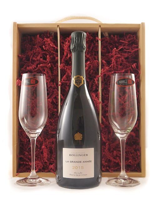 Bollinger Grand Annee Vintage Champagne 2015 with Two Riedel Crystal Champagne Flutes