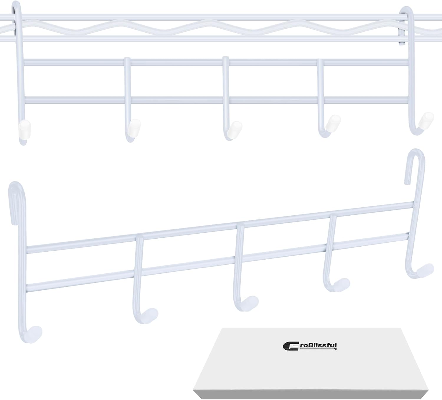 CroBlissful 2 Pcs 5 Hook Attachment for Wire Shelving 1.5 x 12 x 4 Inch Hanging Hooks Rack Wire Chrome Plated Steel Shelf Accessories Metal Hook Bars for Storage Display Organizer (White)