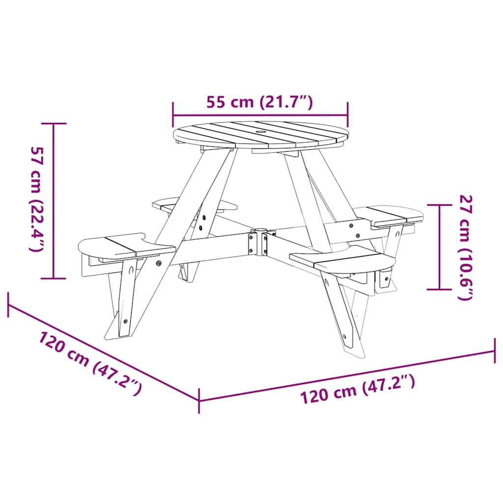 Tavolo da picnic per 4 bambini, in legno di abete massiccio, rotondo, con foro per ombrellone, 120 x 57 cm, per terrazza, balcone, veranda, campeggio, barbecue, feste, all'aperto