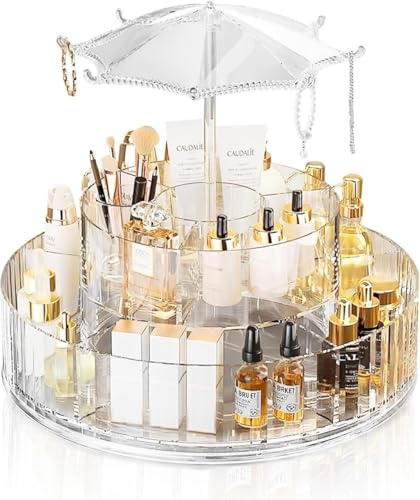 Image of 360 Degree Rotating Makeup Organizer with Jewelry Hooks, Large Acrylic Cosmetic Storage Rack for Skincare Products, Perfumes, Makeup Brushes, and Accessories (Pack of 1)