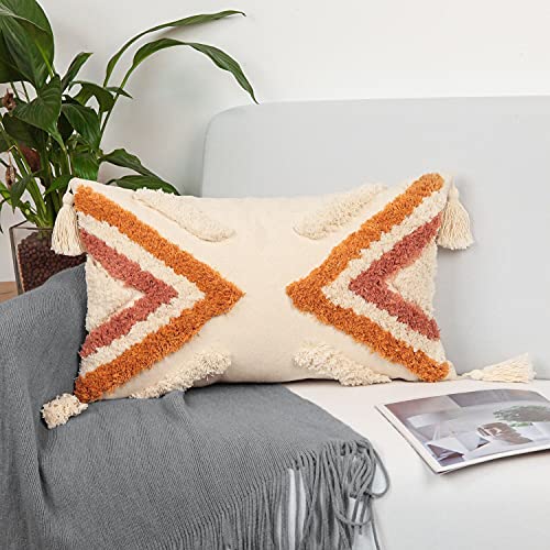 cygnus Boho Lumbar Pillow Covers 12x20,Woven Tufted Decorative Pillow Covers,Rust and Off White Geometric Cushion Cover for Couch Bedroom Living Room Car