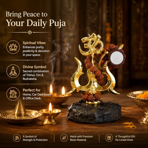 Image of Shiv Trishul with Damru & Rudraksha | Mahakal Trishul Car Dashboard Idol | Lord Shiva Trishul Showpiece for Home, Office & Puja Room Decor