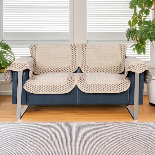Image of Premium Chenille Woven Anti-Slip 2 Seater Sofa Cover with Arm Rest | L-Shape Sofa Seat Protector for Living Room | Durable & Stylish Slipcover - Beige 3D