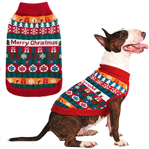 EXPAWLORER Weihnachtspullover für Hunde, mit bunten Streifen und Schneeflocken, warm, für den Winter, Größe L Cover