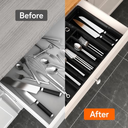 Image of Large Silverware Drawer Organizer, Expandable Utensil Tray for Kitchen, BPA Free Flatware and Cutlery Holder, Adjustable Plastic Storage for Spoons Forks Knives (Black, 8 Drawer-Pack Of 1)