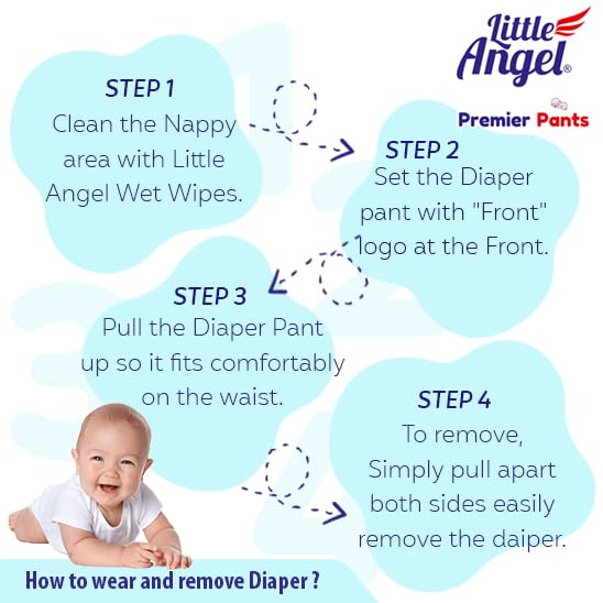 Image of Little Angel Premier Pants Baby Diapers, Medium (M) Size, 50 Count, Cottony Soft Material, Breathable, Extra Dry Core, Stretchable Sides, Pack of 1, 12-15 kgs