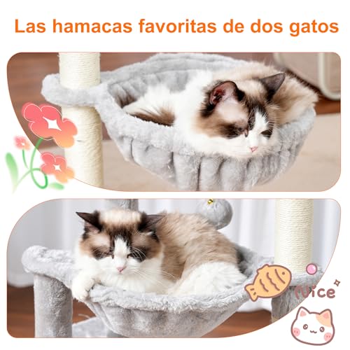 Miniatura 4 de Heybly Arbol Rascador Para Gatos, Arbol Gato De 100 Cm De Altura Con Plataforma Grande, Cueva, 2 Hamacas, Juguetes Y Árbol Para Trepar Con Rascador, Gris Claro Hct006sw