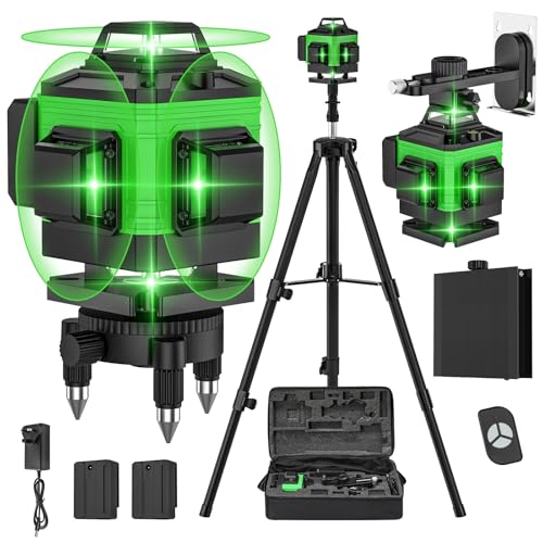 Laser Level Self Leveling 4 x 360 4D 16 Lines Green Laser Level with 2 x 2400mAh Batteries Adjustable Tripod Swivel Base Remote Control and Wall Bracket IP54 Waterproof and Dustproof (Green A)