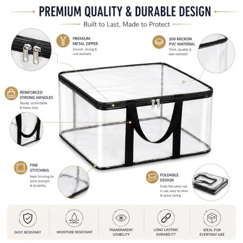 Image of Zollyss PVC Saree Storage Bags Pack of 2, Transparent Clothes Organizer, 200 Micron Foldable Wardrobe Storage Box with Metal Zipper & Strong Handles for Sarees, Blankets & Clothes, 40x32x22 cm
