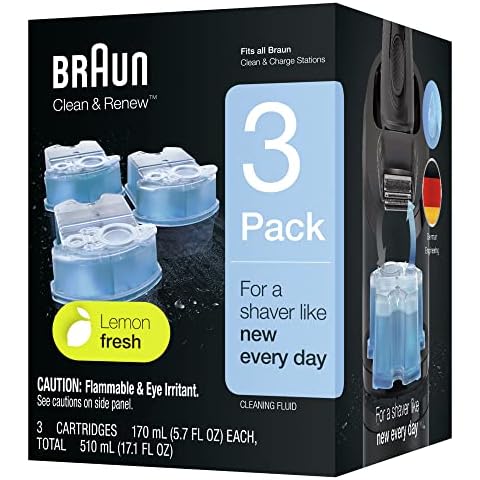 Braun Clean and Renew Electric Shaver Cleaning Cartridges, Hygienically Cleans, Removing Residual Hair & Skin Particles, 3 Pack, Lemon Fresh Cover