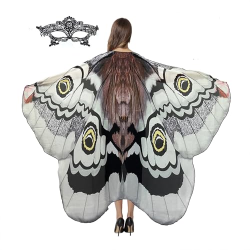 Halloween Butterfly Wings Costume for Women Girls Printed Moth Cape Shawl Wrap Moth Butterfly Cloak(White Butterfly)