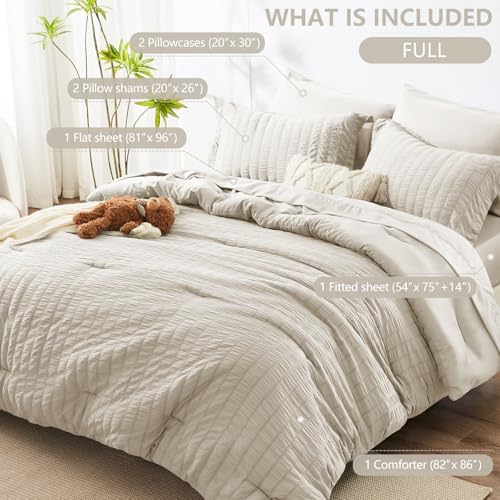 Image of HIMEET Full Size Comforter Sets - 7 Pieces Seersucker Bed in a Bag, Boho Bedding Sets for Bedroom Decor, All Season Home Essential Bed Set with Comforter, Sheets, Pillowcases & Shams, Beige