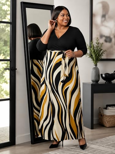 Image of Women's V Neck Floral Maxi Dress 3 /4 Sleeve Plus Size Boho Wrap Flowy Long Dresses with Belt