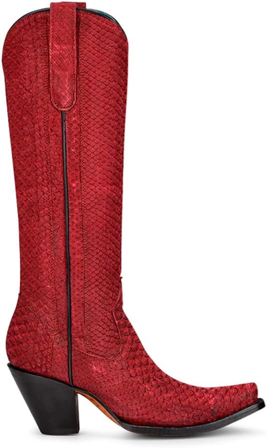 Corral Boots Women's Red Handcrafted Exotic Western Boots | Snip Toe Tall Cowboy Boots in Genuine Full Python Leather