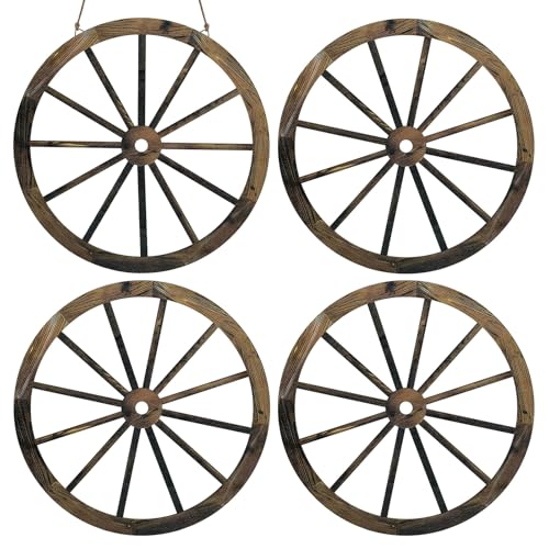 Modixun Paquete de 4 decoraciones de rueda de vagón de madera de 30 cm, decoración de fiesta de vaquero occidental, decoración de pared de madera rústica vintage para el hogar, habitación, jardín, al