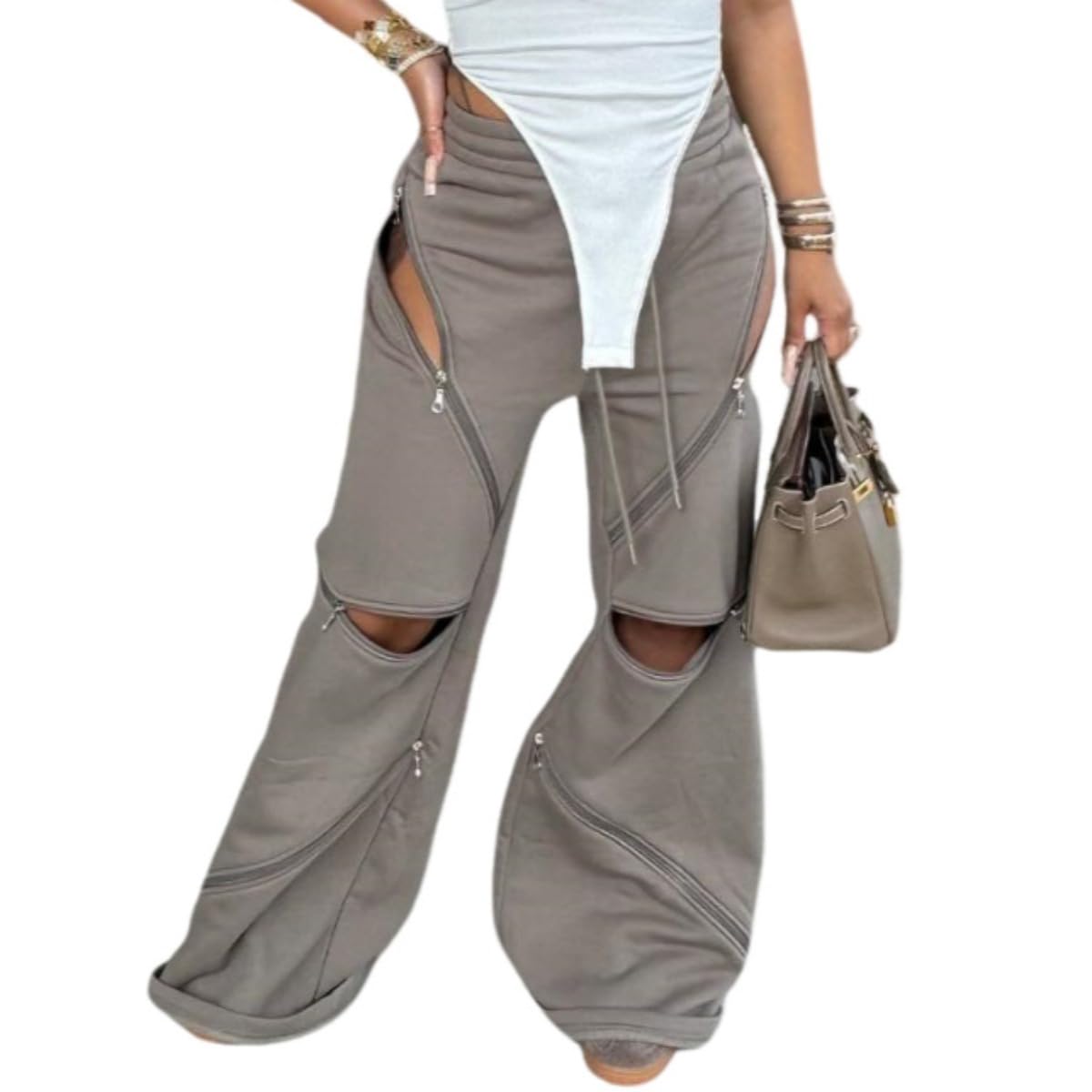 Ynaeidta Casual Sport Pants for Women Fashion High Waist Zipper Hole Hollow Out Pants Trousers Grey Small
