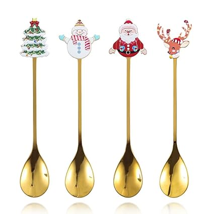 GLKTOPO 4Pcs Christmas Coffee Spoons, Stainless Steel Stirring Spoon for Xmas Tableware Decor, Santa Claus, Elk, Snowman, Dessert Teaspoon for Espresso Stirring for Party Kitchen Mixing (Christmas 1)
