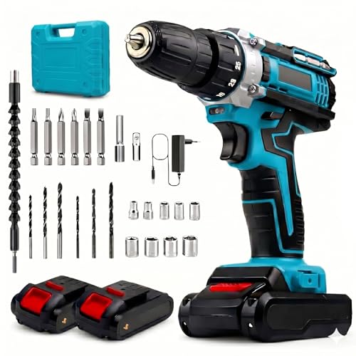 Image of MAXIVE high Power Cordless Drill Machine Kit with 2 Li ion Batteries Dual Speed Electric Impact Driver with Keyless Chuck LED Light and Multiple Drill Bits for Wood Metal and Wall