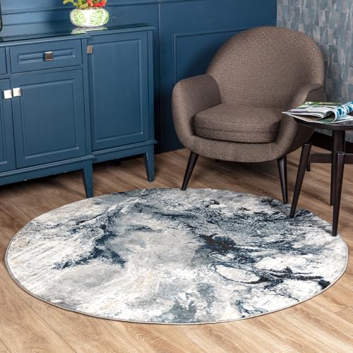 Livabliss New York Wohnzimmer modern – Abstrakt Design in Marmor Optik für Wohnzimmer 160 cm Rund, Esszimmer, Schlafzimmer - Marmor e groß, weicher Kurzflor in Blau, Grau und Beige