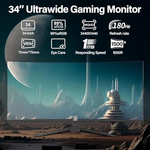 ZZA UltraWide 34 inch Curved Monitor 1500R PC Screen 180hz Refresh Rate WQHD 3440x1440 Computer Gaming Monitor VA PanelA - Additional View