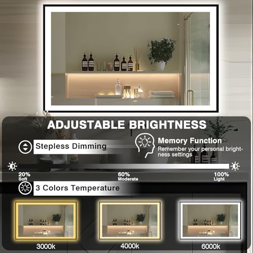 66x36 LED Lit Bathroom Mirror - Black Framed, Front and Backlit LED Mirror, Anti-Fog Bathroom Mirror with Lights, 3 Colors Stepless Dimmable Mirror, Touch Sense (Horizontal/Vertical)