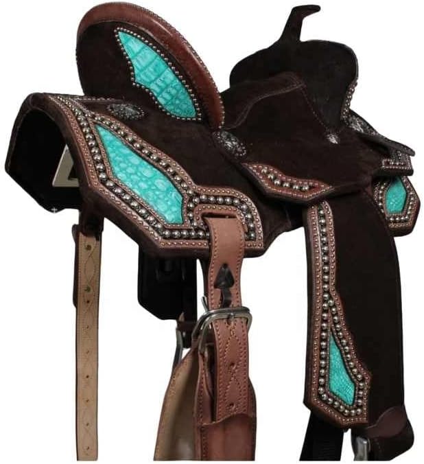 Western Horse Saddle Wooden Tree Barrel Racing Custom Cowboy Cowgirl Handmade Premium Leather Pleasure Comfort Trail Tack Equestrian Tooled Carved Saddle for Riding Size: 10-18 inch Seat, MO-10