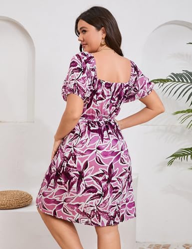 Image of Plus Size Women Boho Floral Dress Puff Short Sleeve Square Neck Button Front A-Line Flowy Summer Casual Midi Dress