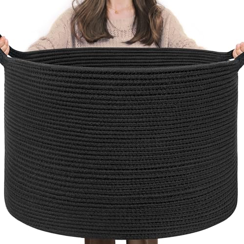 Image of INDRESSME XXXLarge Blanket Basket 21.7" x 21.7" x 13.8" Woven Storage Baskets Soft Cotton Rope Toy Baskets Storage Kids Decorative Laundry for Home, Perfect for Living Room, Black